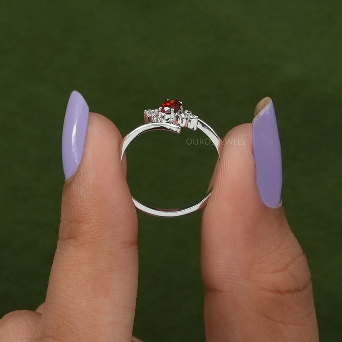 [A Women wearing Red Oval Cluster Diamond Engagement Ring]-[Ouros Jewels]