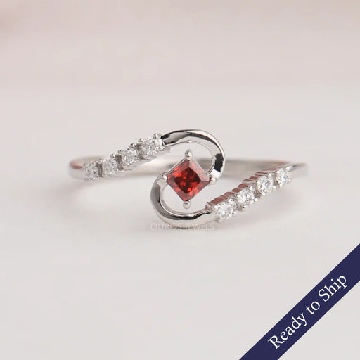 Red Princess Cut Lab Grown Diamond Wedding Ring With Bypass Setting In 14k White Gold