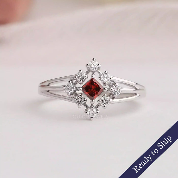 Red princess cut lab grown diamond engagement ring with halo of round diamonds made in 14k white gold