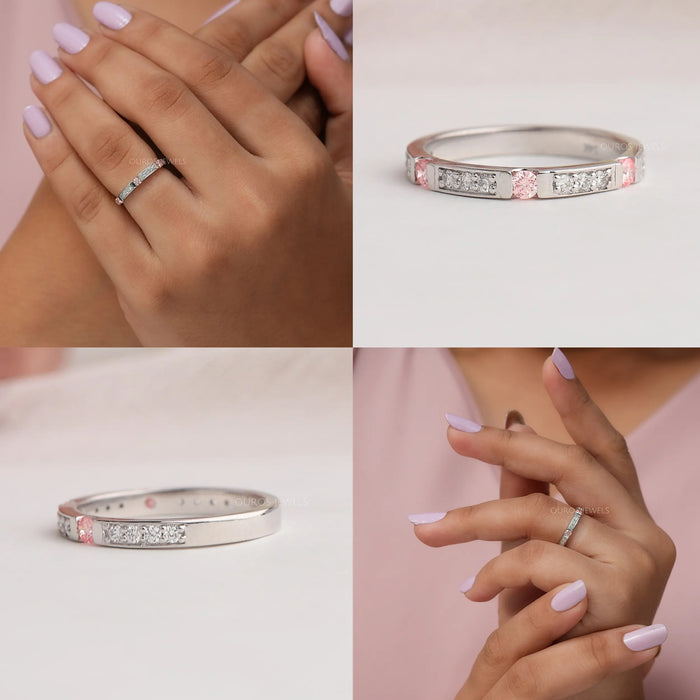 Multi View In One Image Round Cut Diamond Half Eternity Stacking Wedding Band