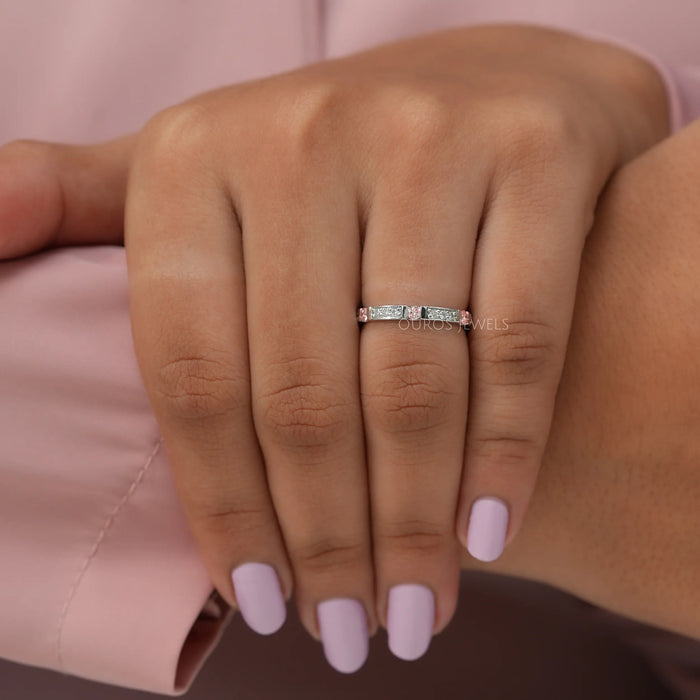 In Finger Front View Of Pink Round Cut Lab Diamond Stacking Band 