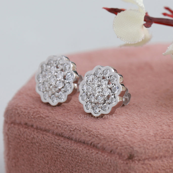 Flower Shape Round Cluster Diamond Earrings