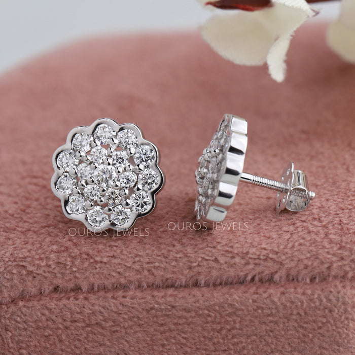 Flower Shape Round Cluster Diamond Earrings