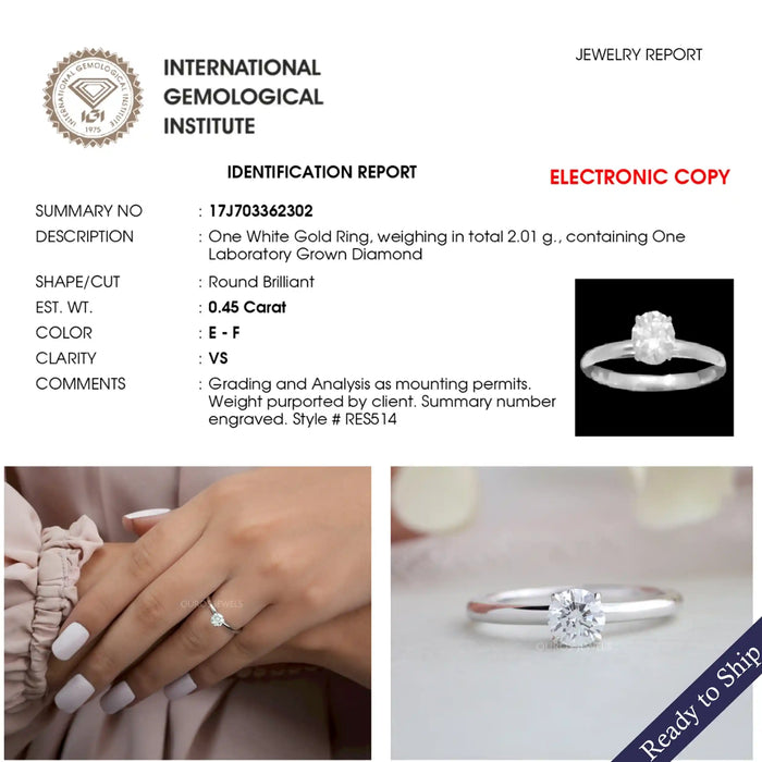 Round cut lab grown diamond solitaire engagement ring in 14k solid white gold