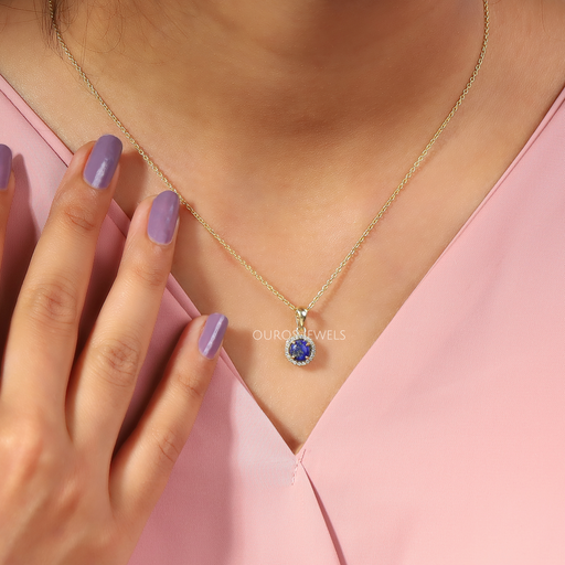 [View of Blue Color Round Stone Pendant On Neck]-[Ouros Jewels]