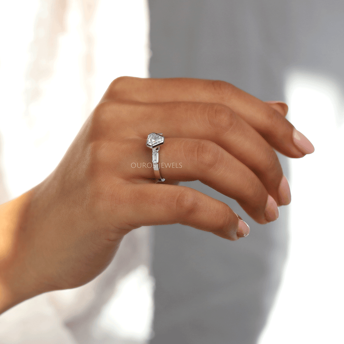 [3 Stone Shield Cut Lab Diamond Engagement Ring]-[Ouros Jewels]