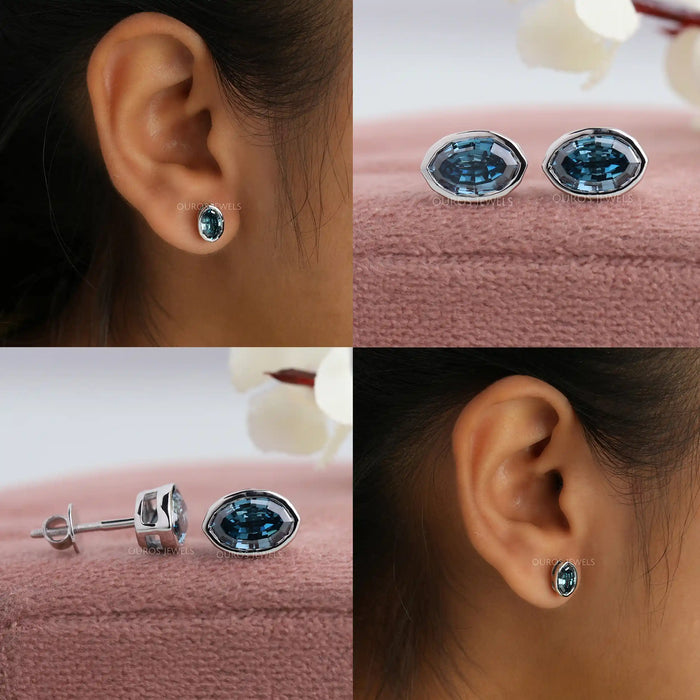 Collage of blue oval diamond bezel set, showing front, side & in ear view.
