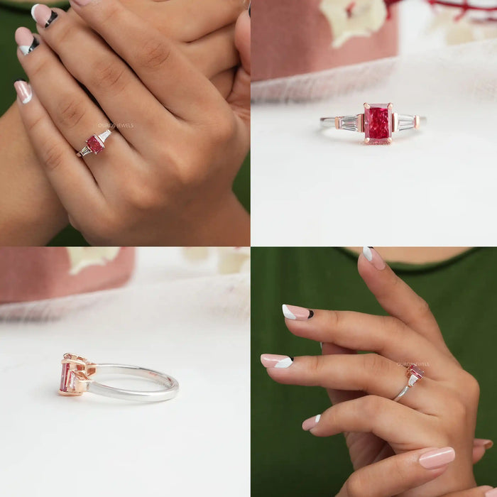Collage of 3 stone radiant cut lab diamond engagement ring