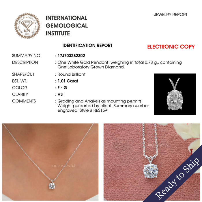 IGI Certified 1 Carat Solitaire Pendant in Round Lab Grown Diamond Diamond