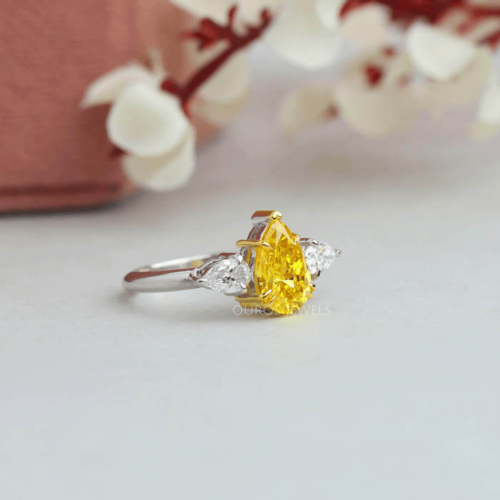 [Yellow Pear Cut Trilogy Ring In White Gold]-[Ouros Jewels]