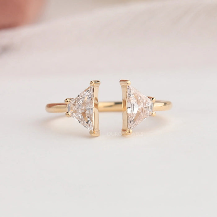 Trapezoid shape lab diamond two stone engagement ring in solid yellow gold