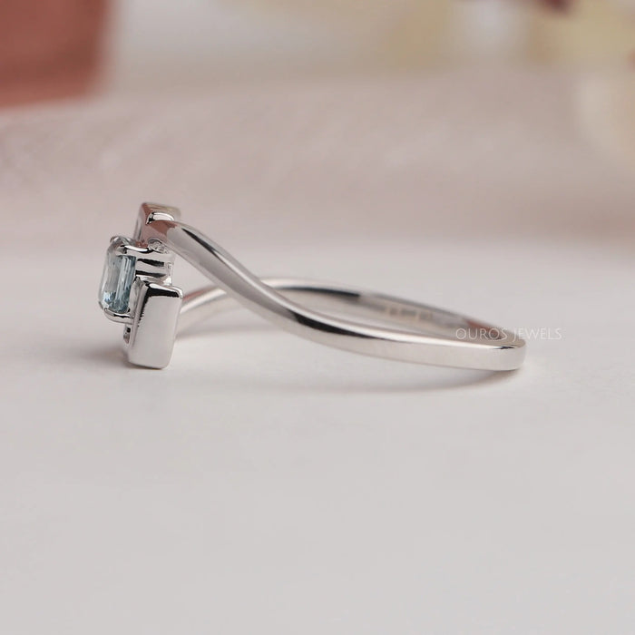 14k White Gold Curved Shank Of Blue Asscher Diamond Dainty Ring