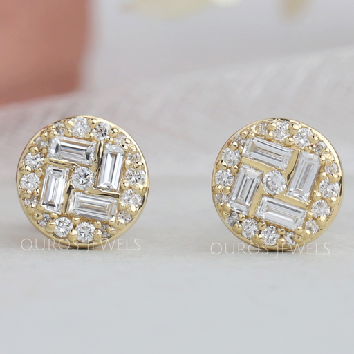 [Zoomed View Of Baguette And Round Cluster Diamond Halo Stud Earrings]-[Ouros Jewels]