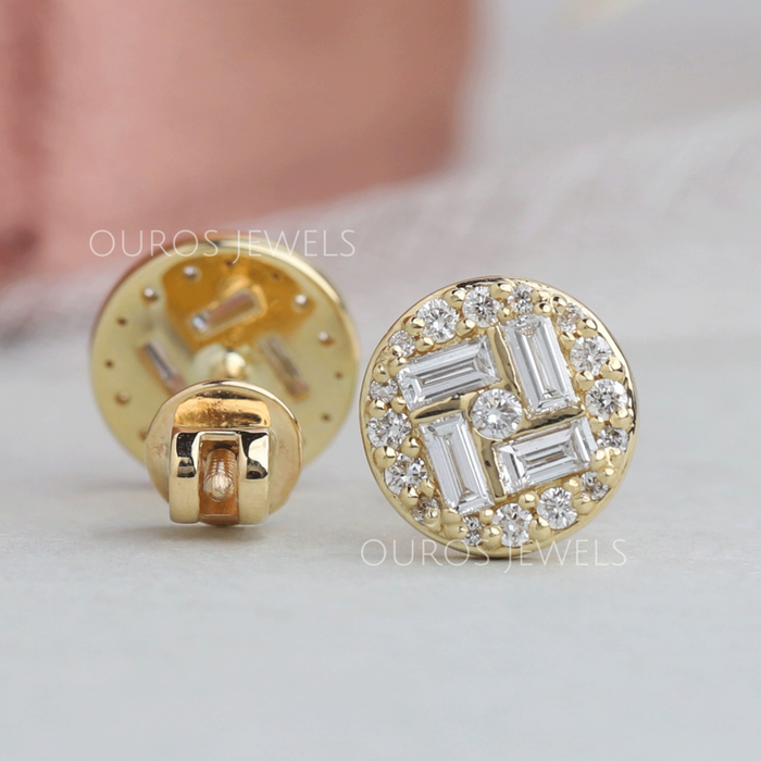 [Threaded Post Back Setting Of Baguette And Round Cluster Diamond Halo Stud Earrings]-[Ouros Jewels]