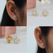 [Collage Of Different Views Of Baguette And Round Cluster Diamond Halo Stud Earrings]-[Ouros Jewels]