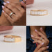 Collage of baguette cut diamond wedding band, showing front, side, cross & in finger view.