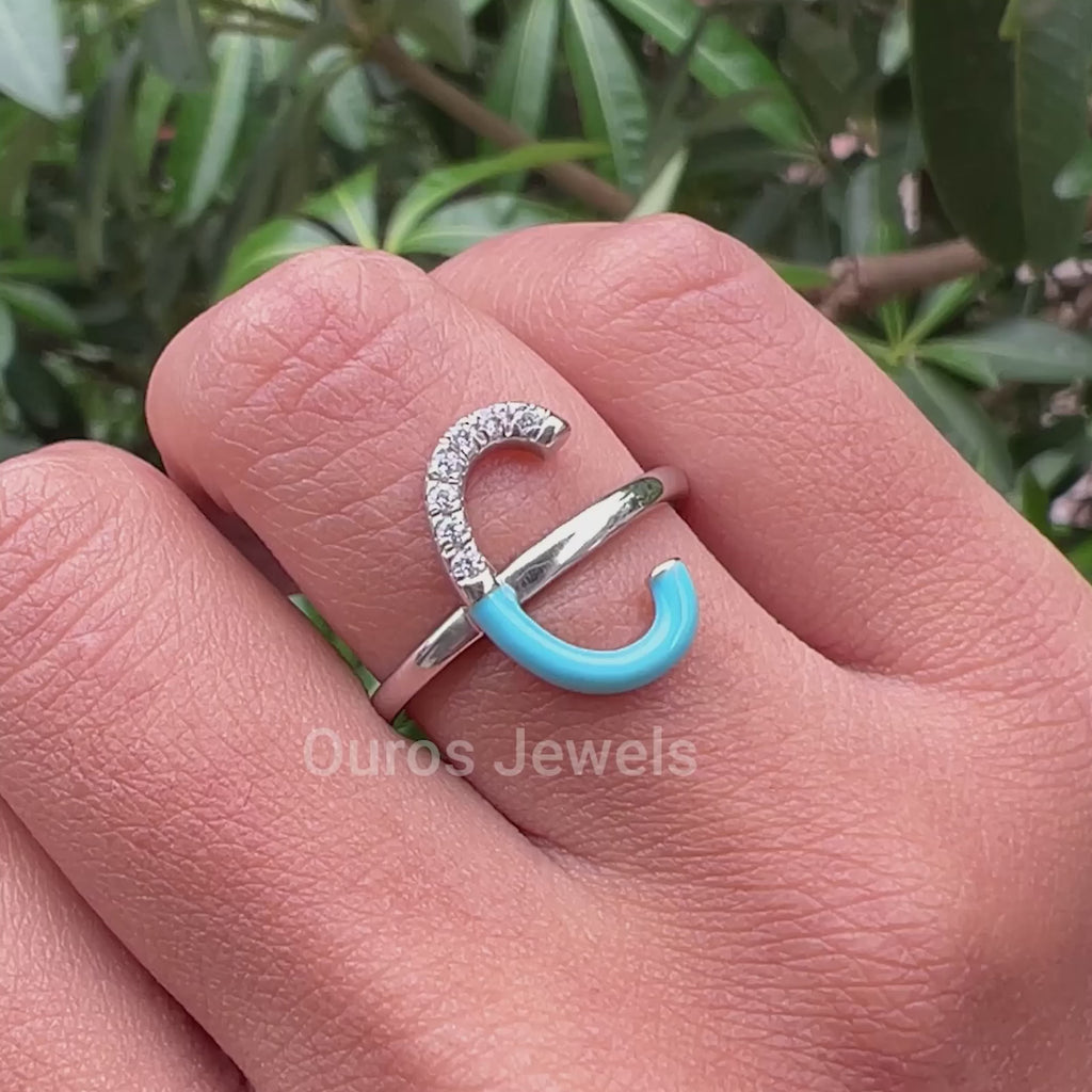 [Round Cut Sky Enamel Engagement Ring Video]-[Ouros Jewels]