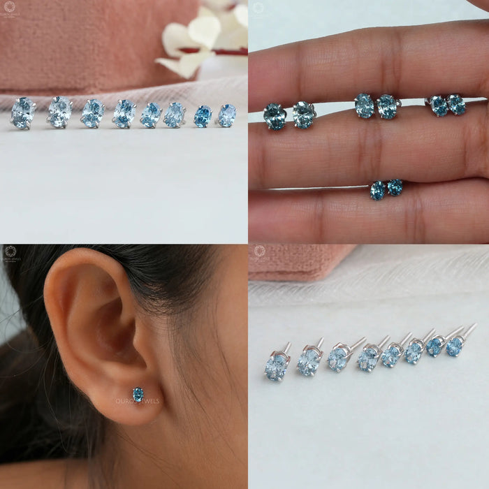 [Blue Oval Cut Diamond Earrings]-[Ouros Jewels]