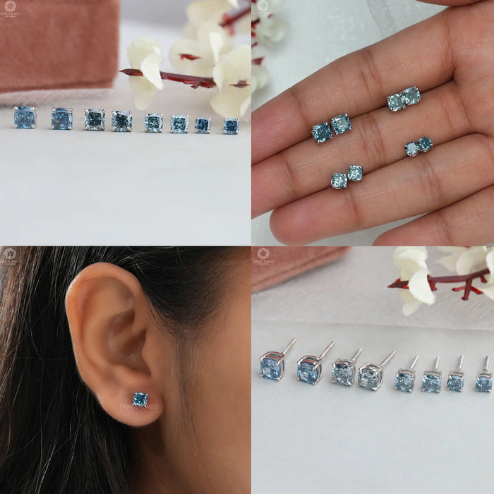 [Collage View of Blue Cushion Diamond Studs]-[Ouros Jewels]