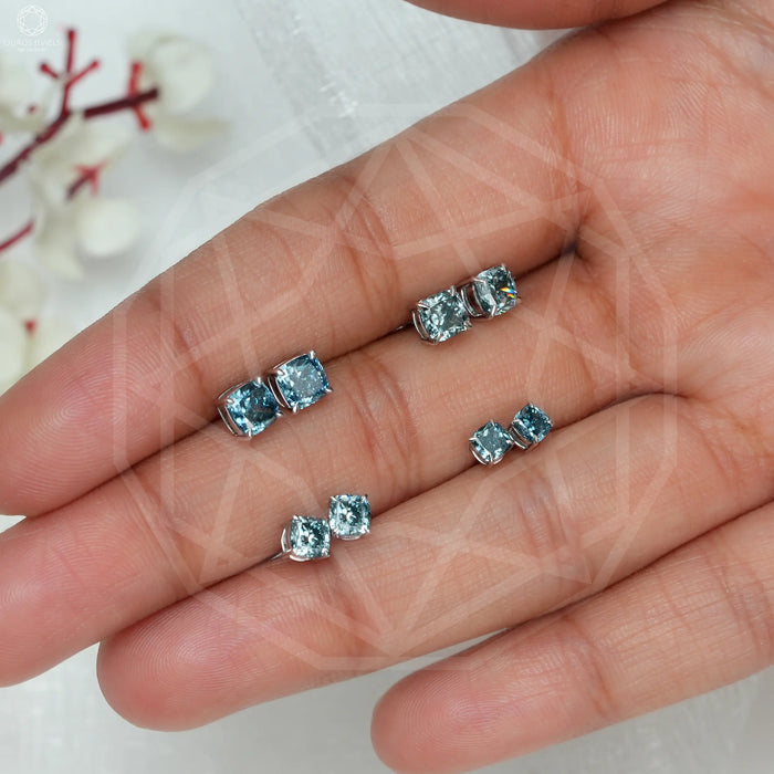 [Blue Cushion Diamond Stud Earrings]-[Ouros Jewels]