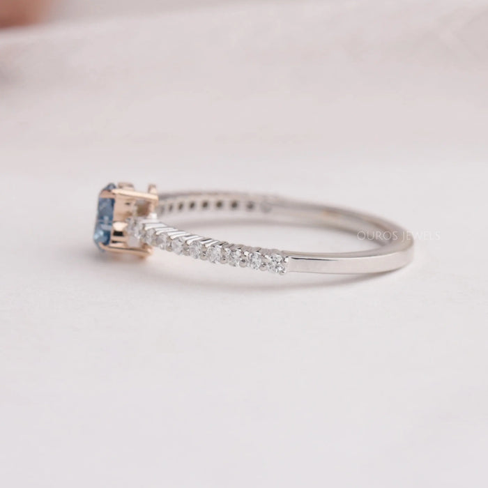 Round accent stones engraved on 14k solid white gold shank of heart shaped engagement ring