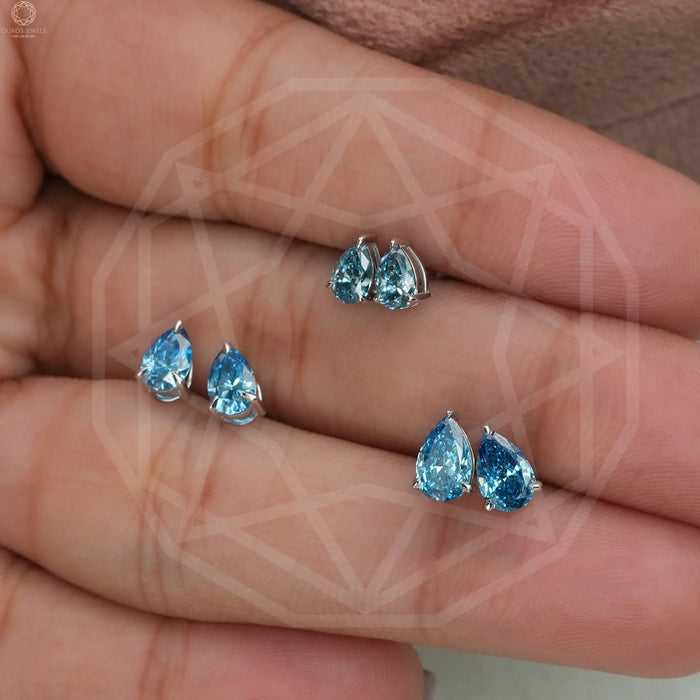 [Blue Pear Cut Diamond Earrings]-[Ouros Jewels]