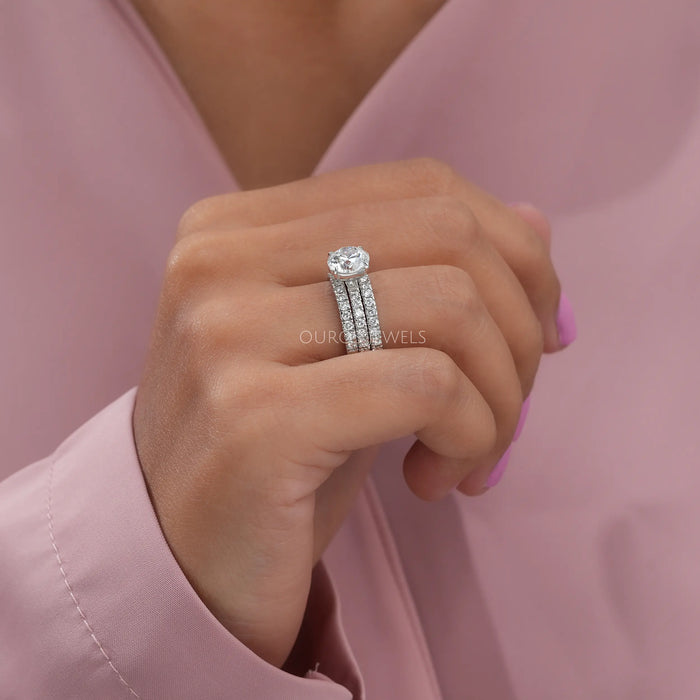 [Triple Row Diamond Wedding Ring Set With Round Cut Lab Diamond]-[Ouros Jewels]