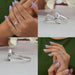 Collage of pear and round lab made diamond bypass style engagement ring, with front, side and finger view