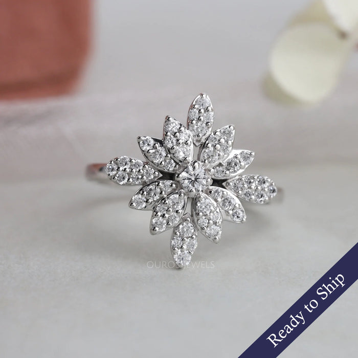 Round Cluster Diamond Flower Style Engagement Ring