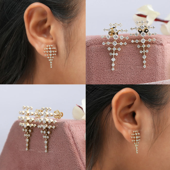 [Round Diamond Cluster Drop Earrings]-[Ouros Jewels]