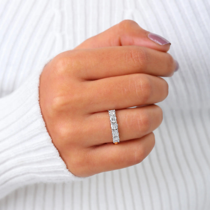 In finger look of cushion cut lab created diamond half eternity wedding band 