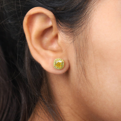 [Exquisite Cushion Shape Diamond Earrings In Yellow Gold]-[Ouros Jewels]