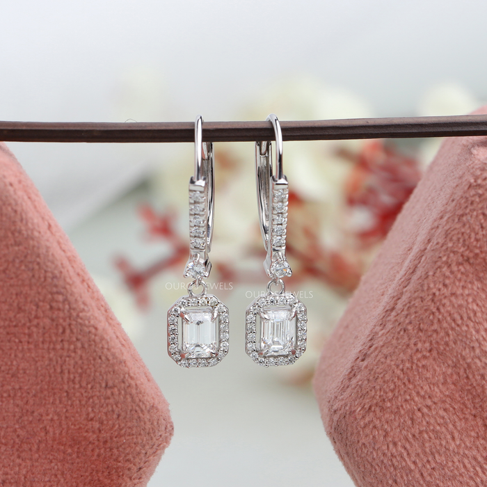 [Front View of Emerald Cut Lab Diamond Earrings]-[Ouros Jewels]
