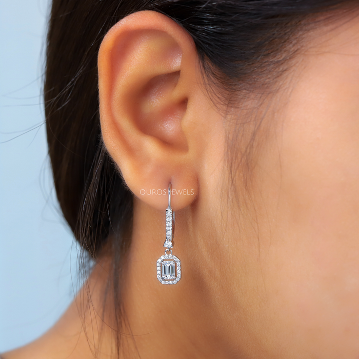 [Dangling Emerald Cut Lab grown Diamond in Earring]-[Ouros Jewels]