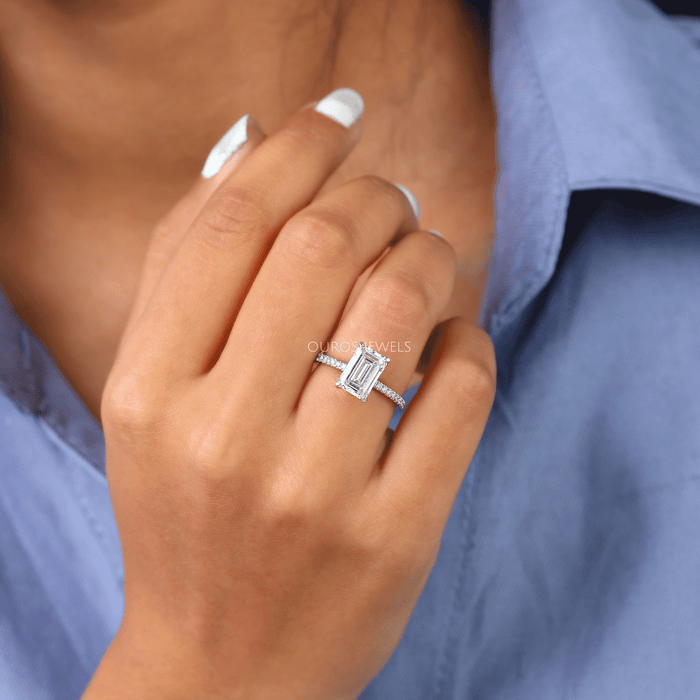Emerald Cut Solitaire Accent Engagement Ring