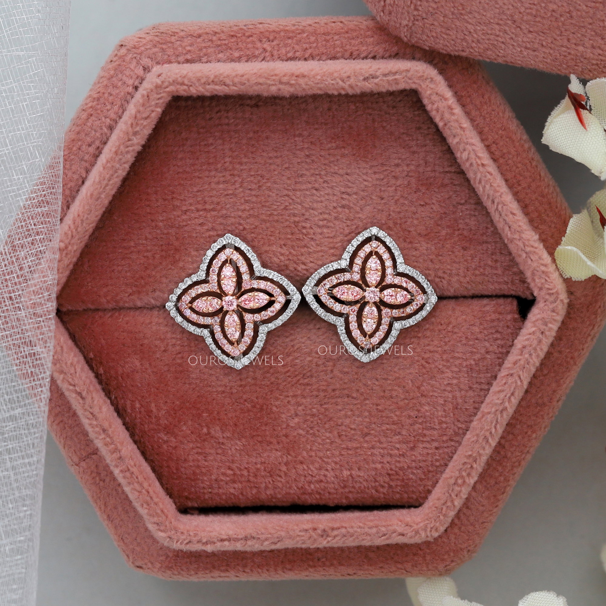 Pink Floral Round Cut Diamond Stud Earrings Earring