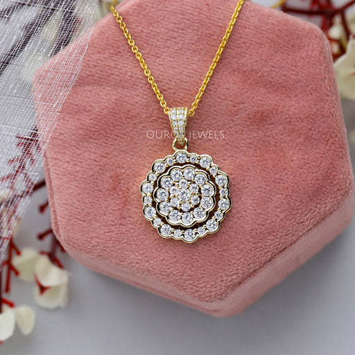 [Flower Shape Round Cluster Diamond Pendant]-[Ouros Jewels]