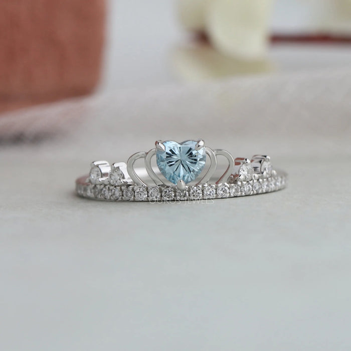 Blue heart brilliant cut lab diamond ring with round accents stones crafted in solid white gold