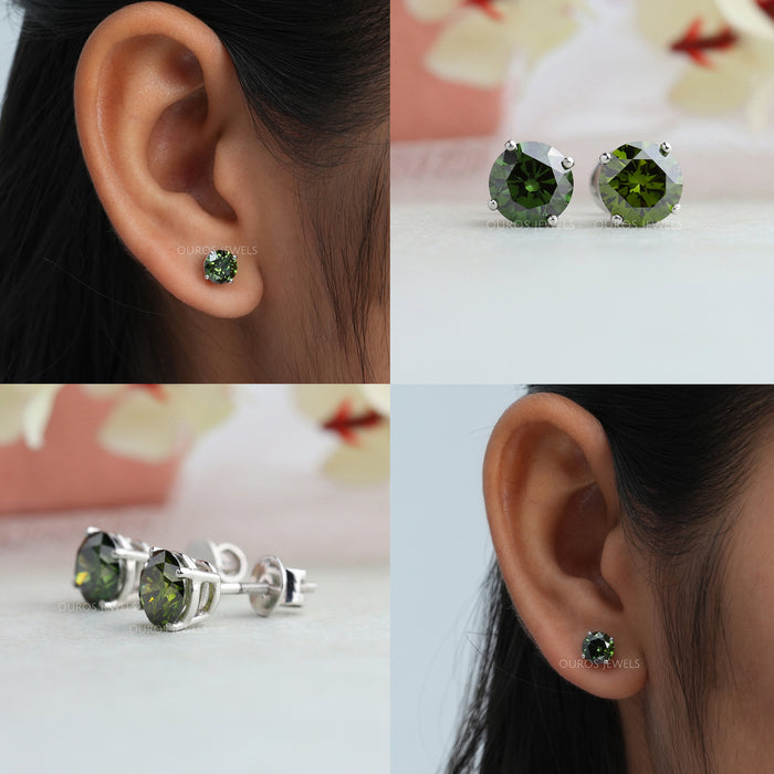 [Green Round Cut Lab Grown Diamond Stud Earrings]-[Ouros Jewels]
