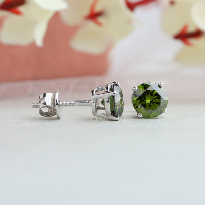 [Green Round Cut Stud Earrings In Platinum]-[Ouros jewels]