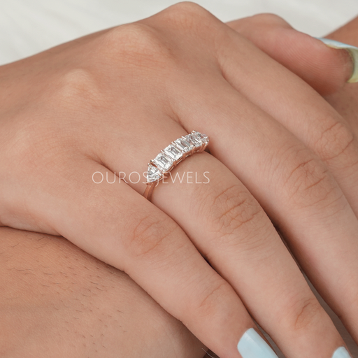 In Finger View Of Emerald Lab Created Diamond Half Eternity Wedding Band