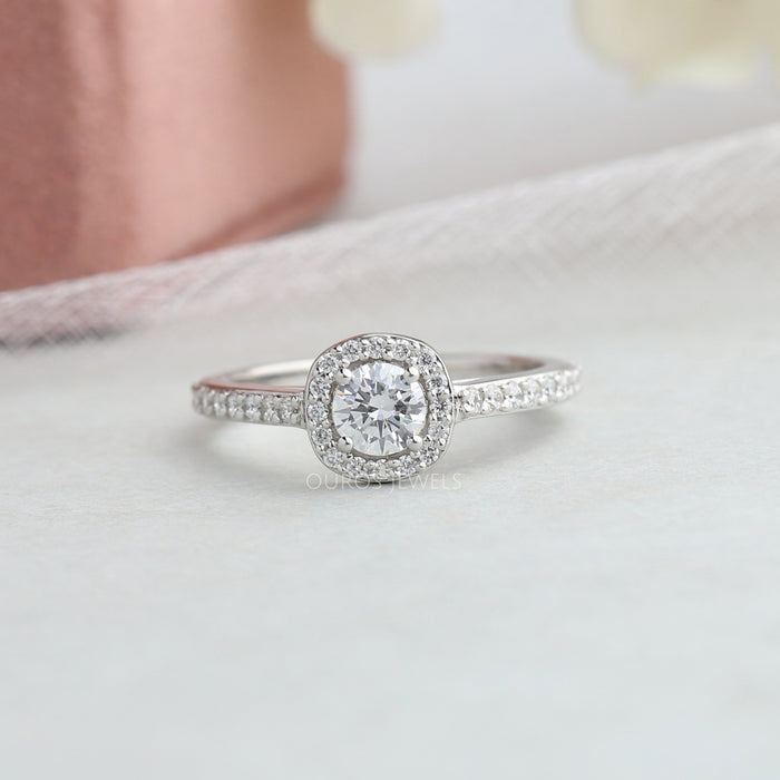 [Halo Setting Of Round Cut Solitaire Accent Engagement Ring]-[Ouros Jewels]