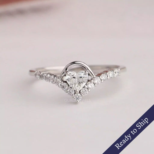 Front view of heart shape diamond ring made of 14k white gold. This ring symbol of eternal  love.