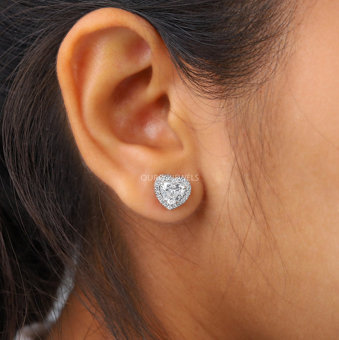 Heart Shape Diamond Earrings With Halo Stud