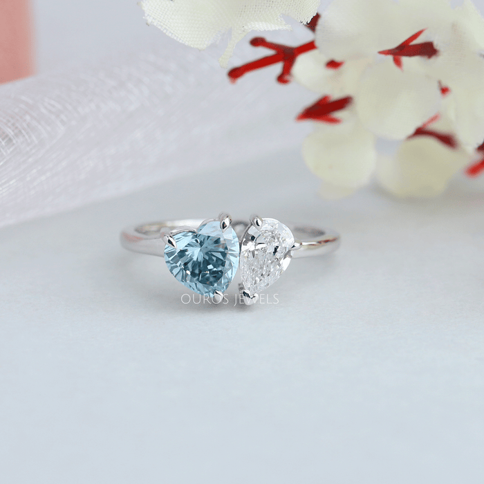 Blue Heart & Pear Cut Diamond Two Stone Toi Moi Wedding Ring in White Background 