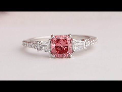 [Youtube View Of Three Stone Pink Cushion Cut Diamond Ring]-[Ouros Jewels]