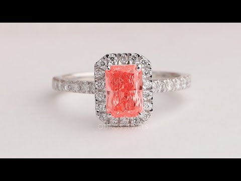 [Youtube View Of Pink Radiant Cut Halo Engagement Ring]-[Ouros Jewels]