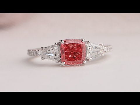 [Youtube View Of Three Stone Pink Cushion Cut Lab Diamond Ring]-[Ouros Jewels]