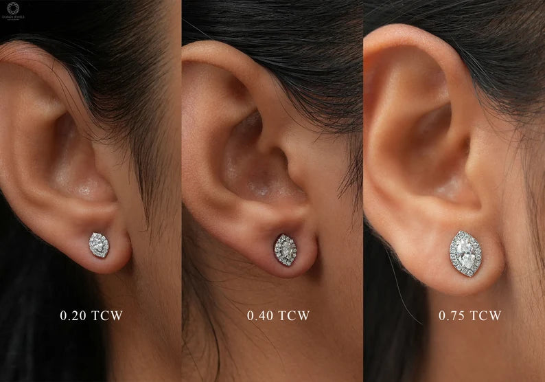 Different total carat weights of antique marquise shape lab made diamond solitaire earrings