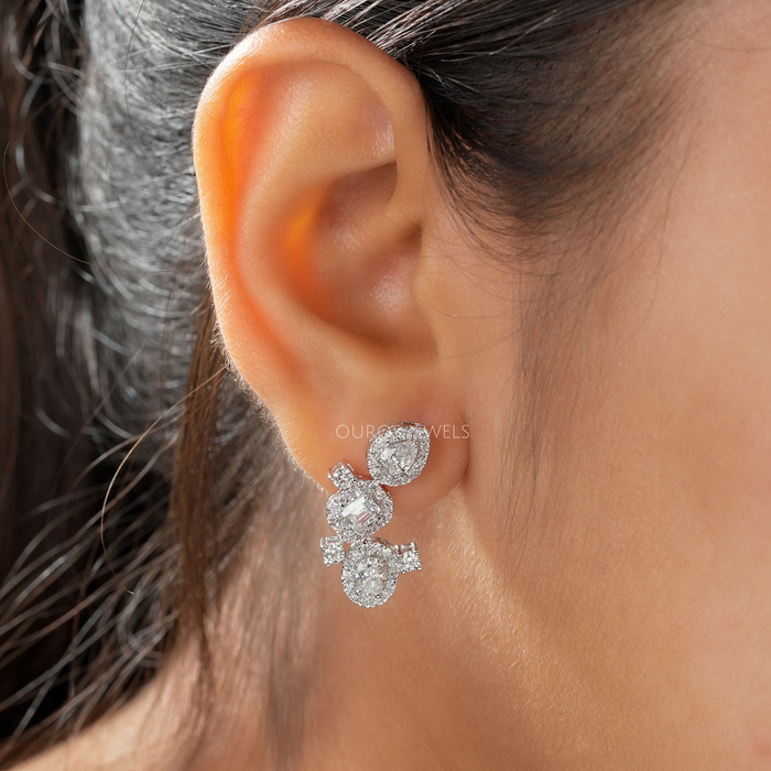 [Ear Front View Of Multi Diamond Earrings]-[Ouros Jewels]
